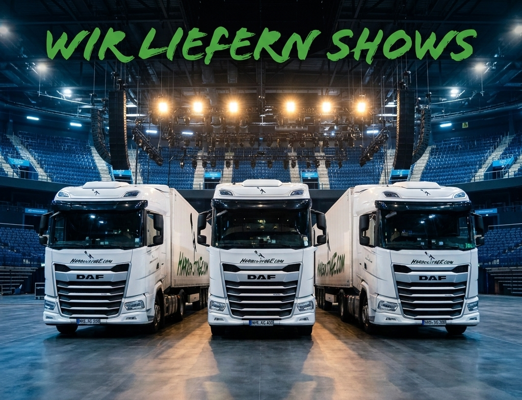 Drei Trucks frontal in einem Stadion, Blogbild für den Vorstellungsbeitrag mit der Überschrift "Wie liefern Shows".
